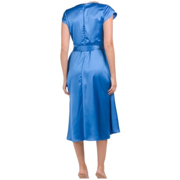 Tahari ASL NWT Blue Satin Midi Dress, Flutter Sleeves Belted Women's Size 8 - Picture 2 of 13